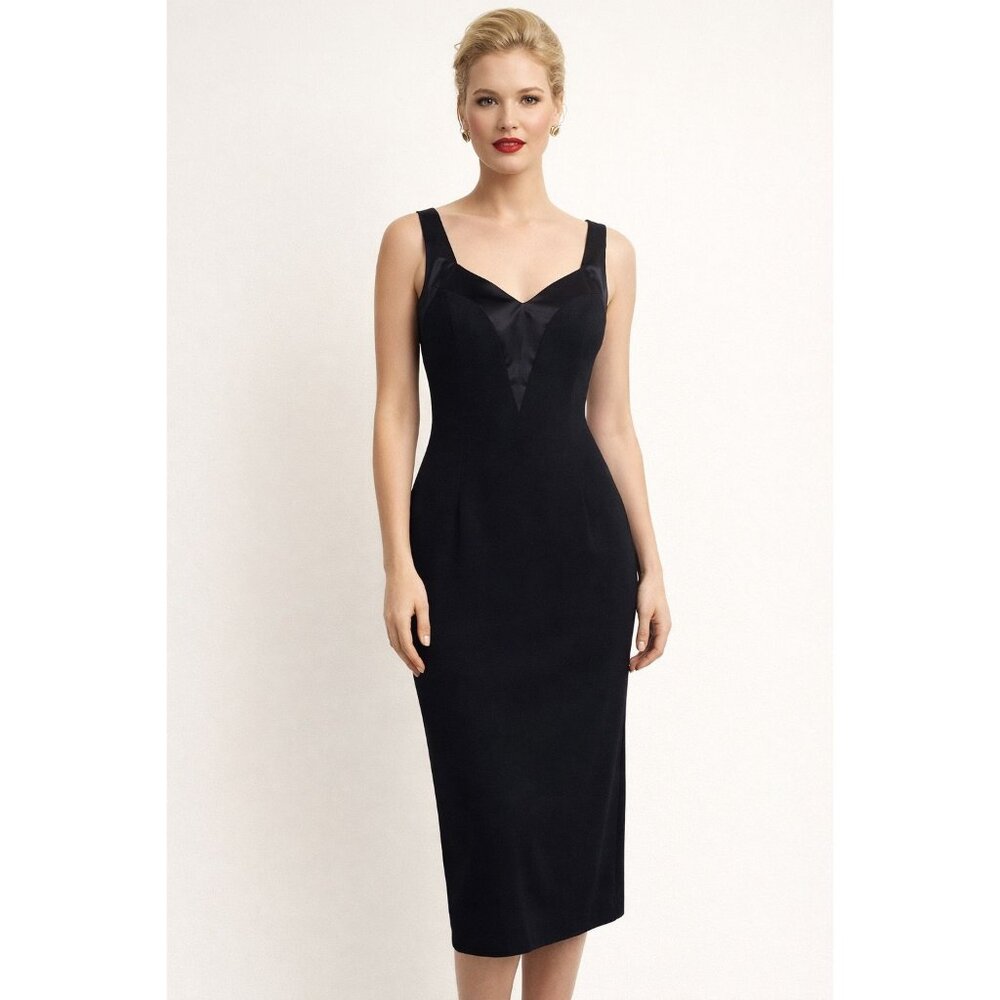 Joseph Ribkoff Vtg Crepe Satin Sheath Midi Dress Womens 4 80s 90s Union Made LBD